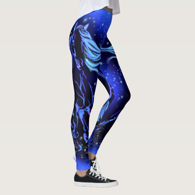 Neon Blue Horse Running At Moonlight Starry Night  Leggings (Right)