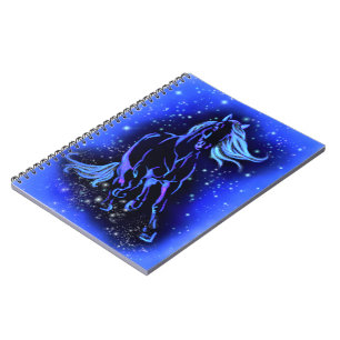 Neon Blue Horse Running At Moonlight Starry Night Notebook