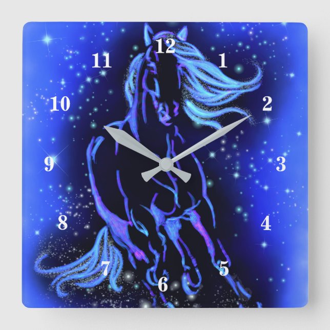 Neon Blue Horse Running At Moonlight Starry Night  Square Wall Clock (Front)