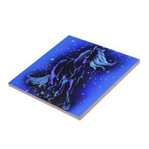 Neon Blue Horse Running At Moonlight Starry Night  Tile