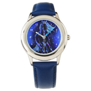 Neon Blue Horse Running At Moonlight Starry Night Watch