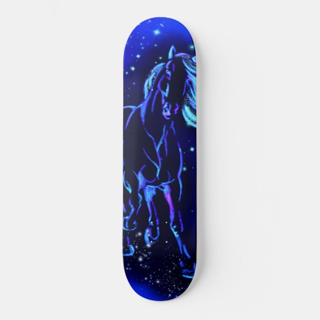 Neon Blue Horse Running In Moonlight Night Skateboard (Front)