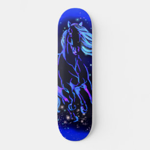 Neon Blue Horse Running In Moonlight Starry Night  Skateboard