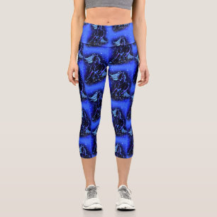 Neon Blue Horses Running At Starry Night Capri Leggings