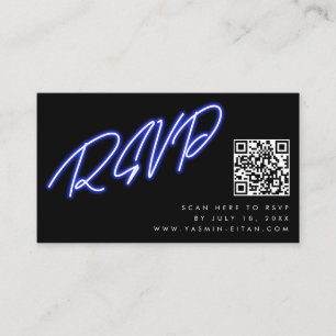 Neon Blue Lettering Black QR Code Wedding RSVP Enclosure Card