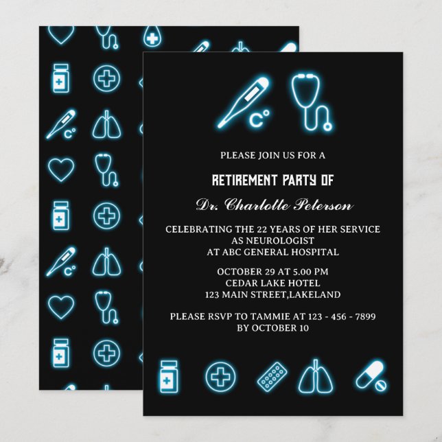 Neon Blue Medical Element Doctor Retirement Party Invitation (Front/Back)