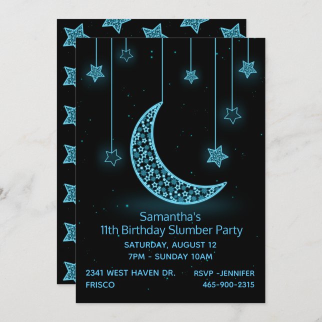 Neon Blue Moon and Stars Birthday Party Invitation (Front/Back)