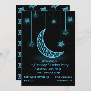 Neon Blue Moon and Stars Birthday Party Invitation