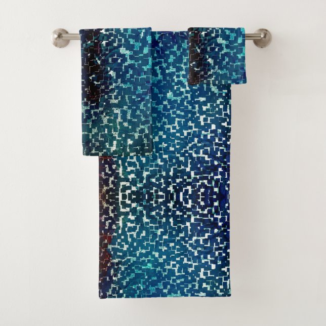 Neon blue mosaic style over rough hammered glass   bath towel set (Insitu)