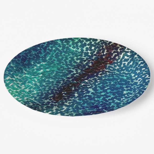 Neon blue mosaic style over rough hammered glass   paper plate (Angled)