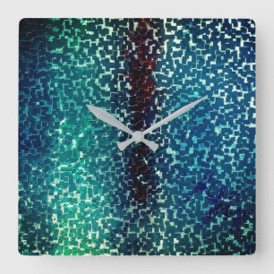 Neon blue mosaic style over rough hammered glass   square wall clock