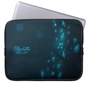 Neon Blue Music Notes and Custom Name Laptop Sleeve