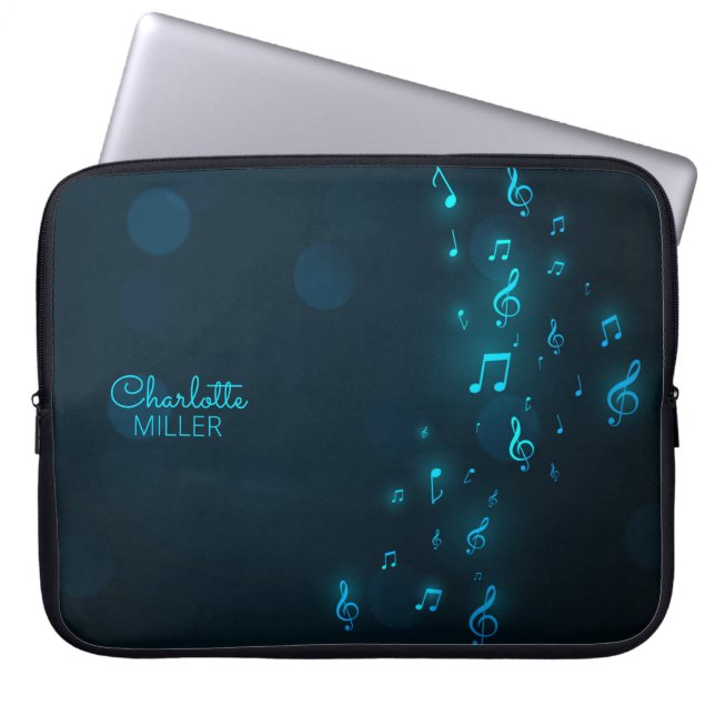 Neon Blue Music Notes and Custom Name Laptop Sleeve (Front)