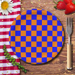 Neon Blue Orange Chequered Chequerboard Vintage Paper Plate<br><div class="desc">Neon Blue and Orange Chequered Chequerboard  | Vintage | Classic | Trendy | Stylish | Fashion | Minimal</div>