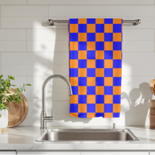 Neon Blue Orange Chequered Chequerboard Vintage Tea Towel