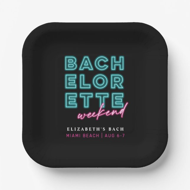 Neon Blue & Pink Bachelorette Weekend Paper Plate (Front)