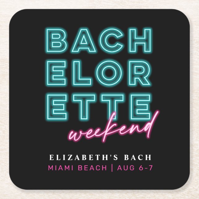 Neon Blue & Pink Bachelorette Weekend Square Paper Coaster (Front)