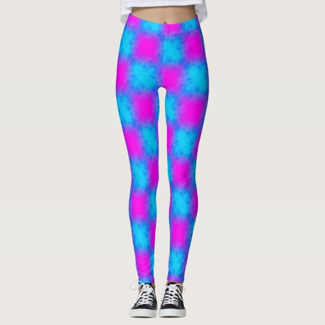 Neon Blue & Pink Chequered Pattern  Leggings (Front)