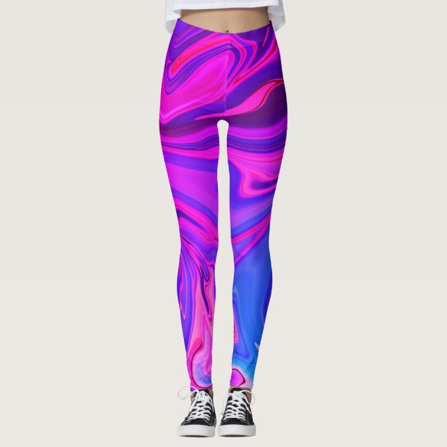 Neon Blue Purple Pink Abstract Pattern Leggings (Front)