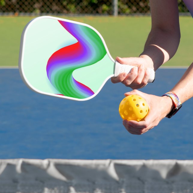 Neon blue, red and green waves on blue pickleball paddle (Insitu)