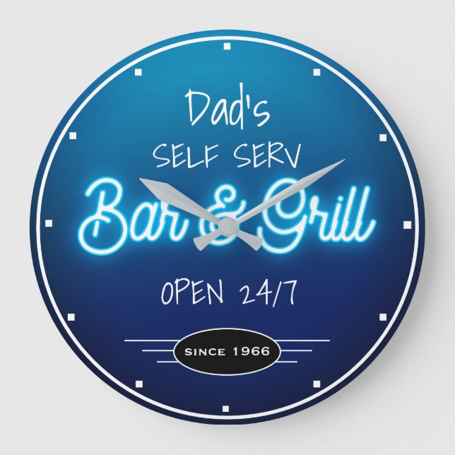 Neon Blue Script Dad's or Any Name Bar Grill Large Clock (Front)