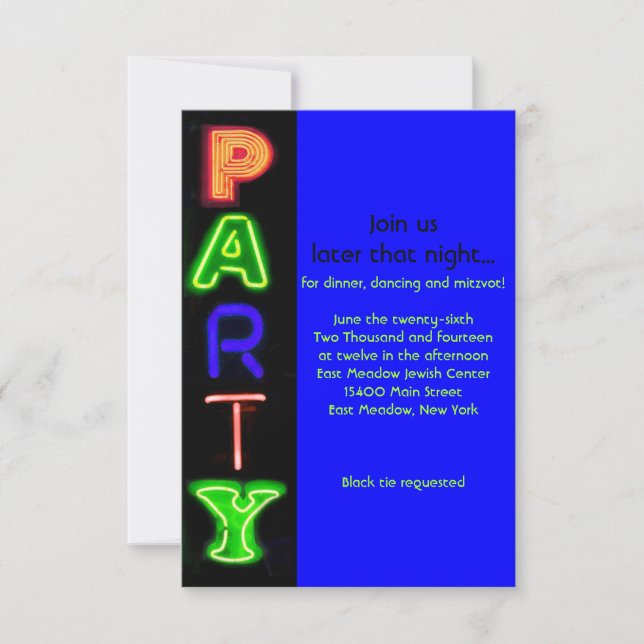 NEON BLUE SIGNS Bar Bat Mitzvah Party Card (Front)