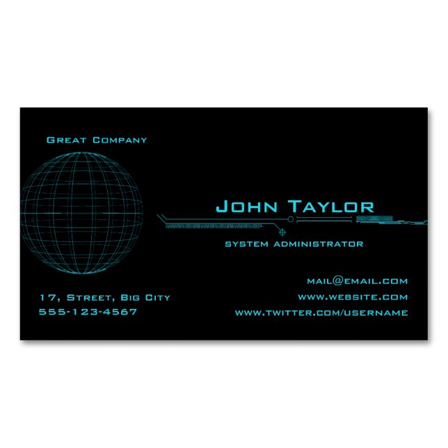 Neon Blue Sphere Cyber Magnetic Business Card (Front)
