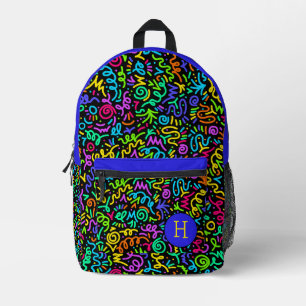 Neon Blue Squiggle Monogram  Printed Backpack