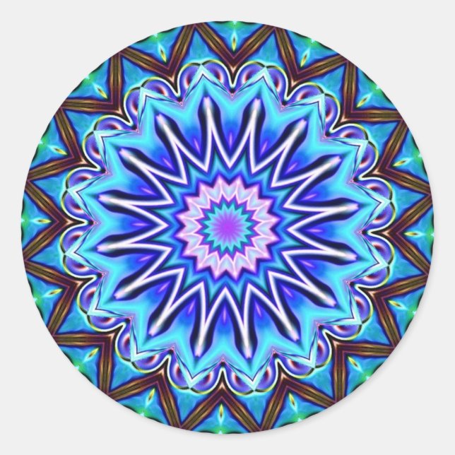 Neon Blue Starburst Classic Round Sticker (Front)
