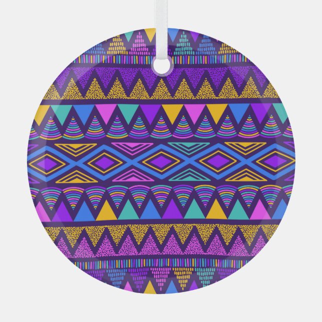 Neon Blue: Tribal Navajo Pattern Glass Tree Decoration (Front)
