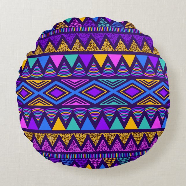 Neon Blue: Tribal Navajo Pattern Round Cushion (Front)