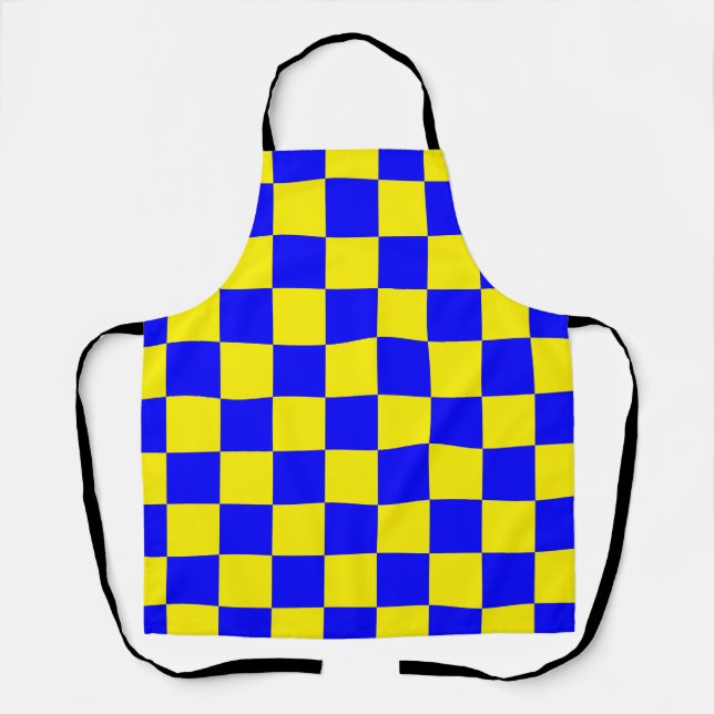 Neon Blue Yellow Chequered Chequerboard Vintage Apron (Front)