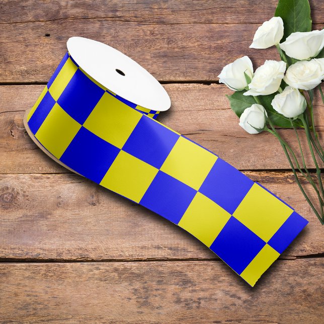 Neon Blue Yellow Chequered Chequerboard Vintage Satin Ribbon (Creator Uploaded)