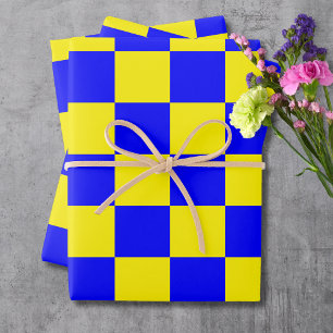 Neon Blue Yellow Chequered Chequerboard Vintage Wrapping Paper Sheet