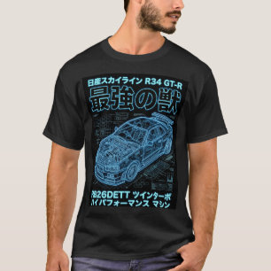 Neon Blueprint Skyline R34 Techwear Graphic T-Shirt