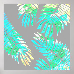 Neon Botanical Leaves on Grey Poster