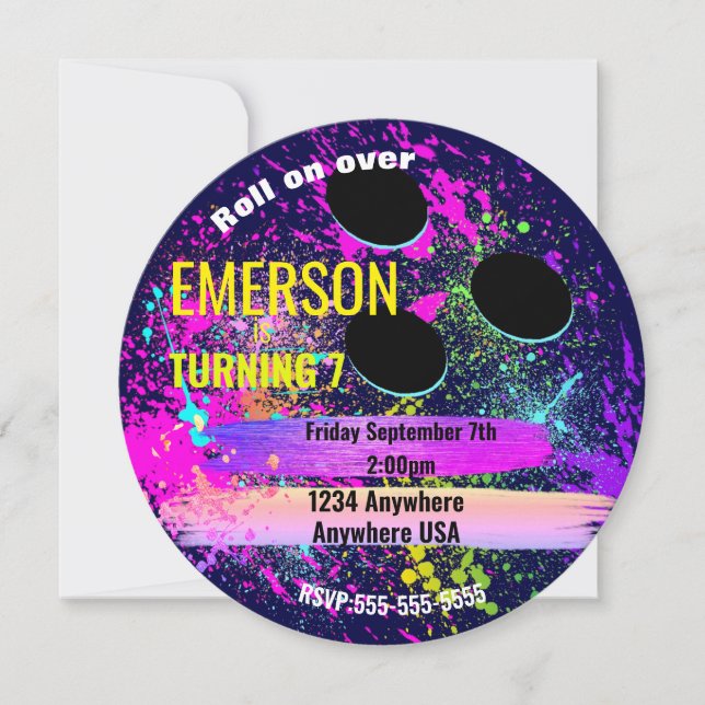 NEON BOWLING BALL, bowling, Glow bowling birthday Invitation (Front)
