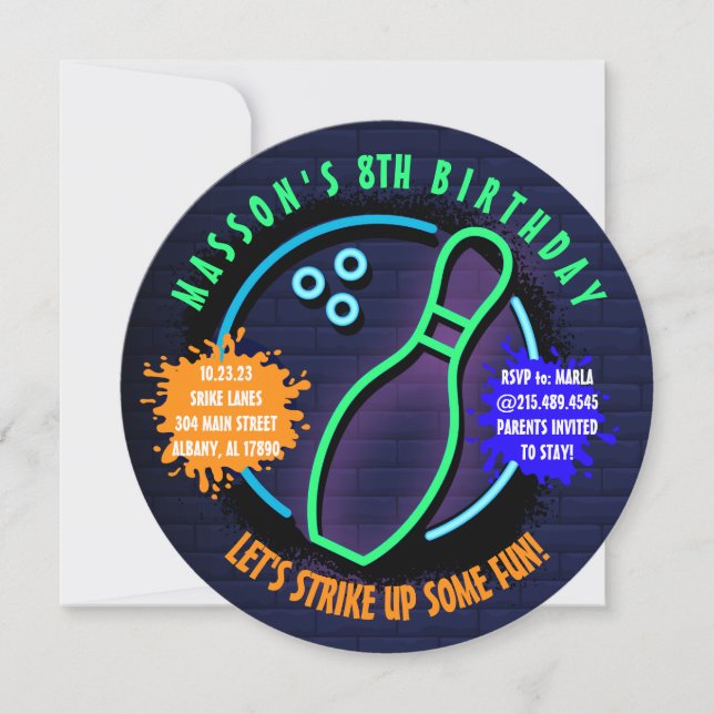 NEON BOWLING BALL ROUND Birthday Party Invitation (Front)