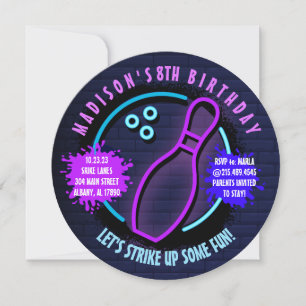 NEON BOWLING BALL ROUND Birthday Party Invitation