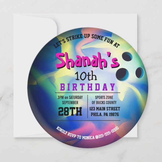 NEON BOWLING BALL ROUND Birthday Party Invitation (Front)