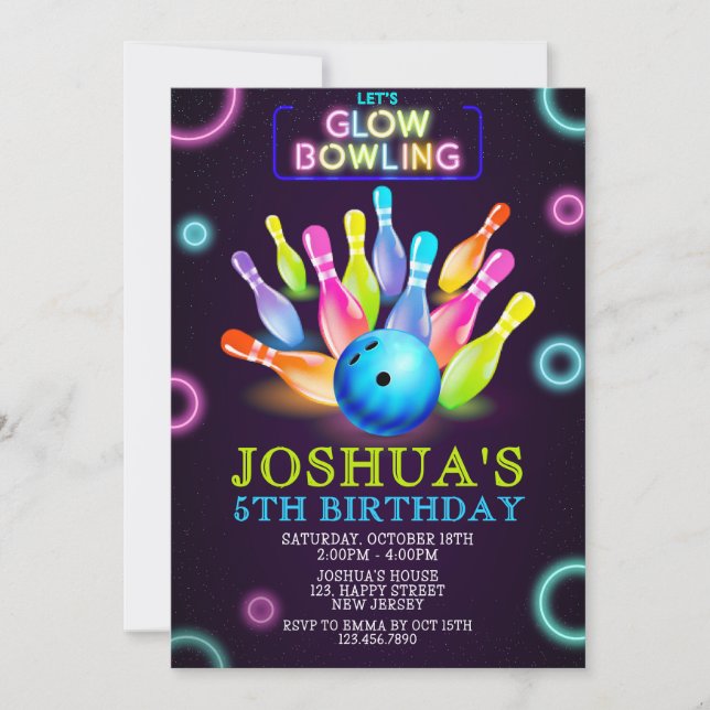 Neon Bowling Birthday Invitation. Neon invite (Front)