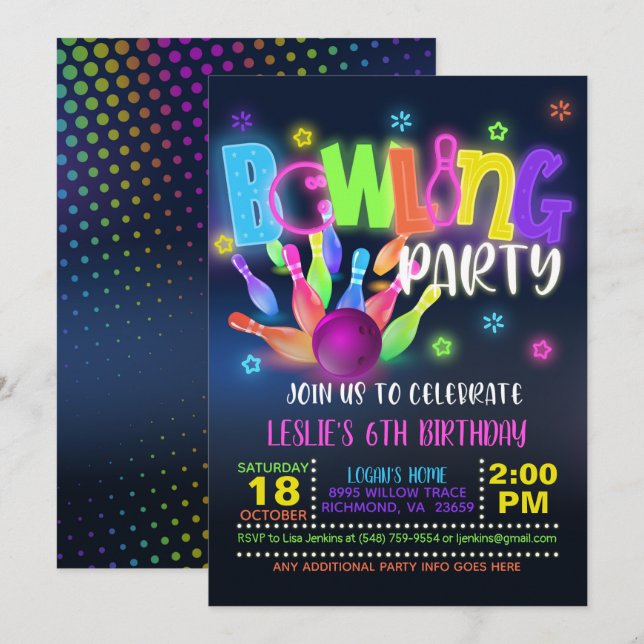 Neon Bowling Birthday Party Invitation (Front/Back)