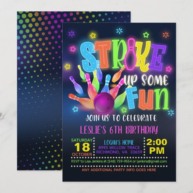 Neon Bowling Birthday Party Invitation - Strike Up (Front/Back)