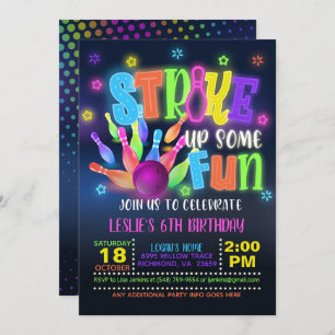 Neon Bowling Birthday Party Invitation - Strike Up