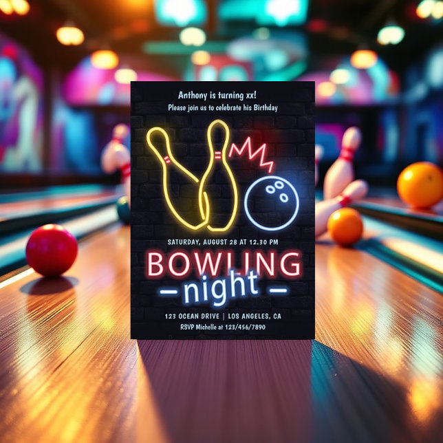 Neon Bowling Night Birthday Party Invitation (Neon Bowling Birthday Party Invitation)
