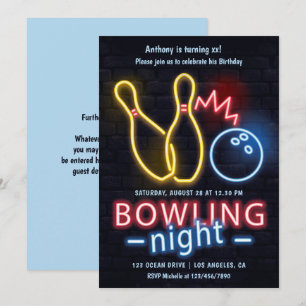 Neon Bowling Night Birthday Party Invitation