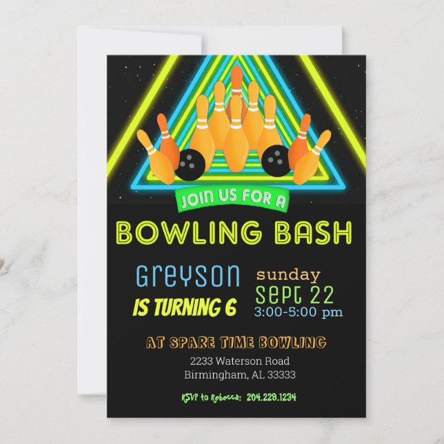 Neon Bowling Party Invitation (Front)