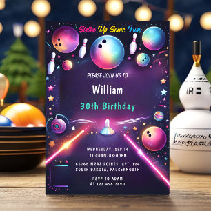 Neon Boy Kids Team Event Bowling 30th Birthday Invitation