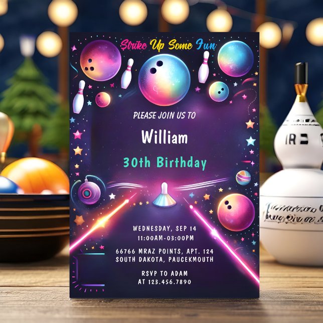 Neon Boy Kids Team Event Bowling 30th Birthday Invitation (Creator Uploaded)