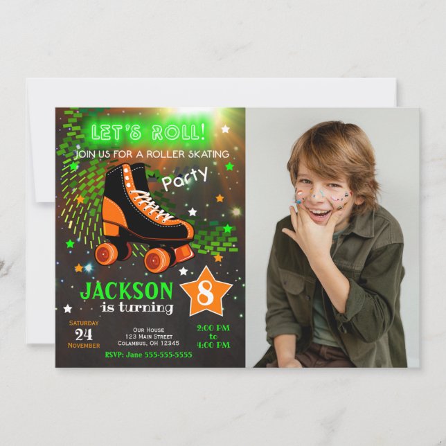 Neon Boy Roller Skating Photo Birthday  Invitation (Front)